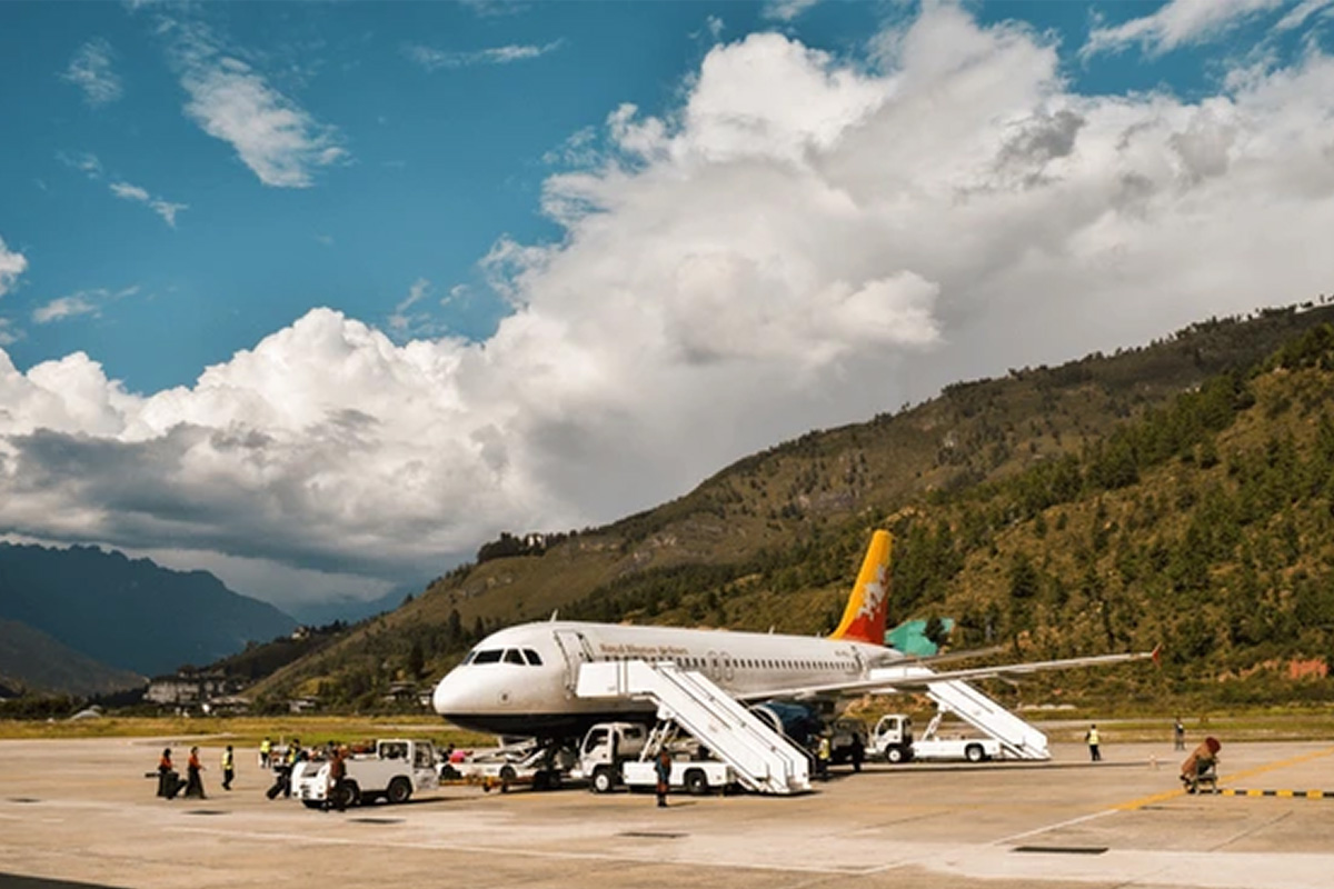 Paro airport with peaks in the backdrop
